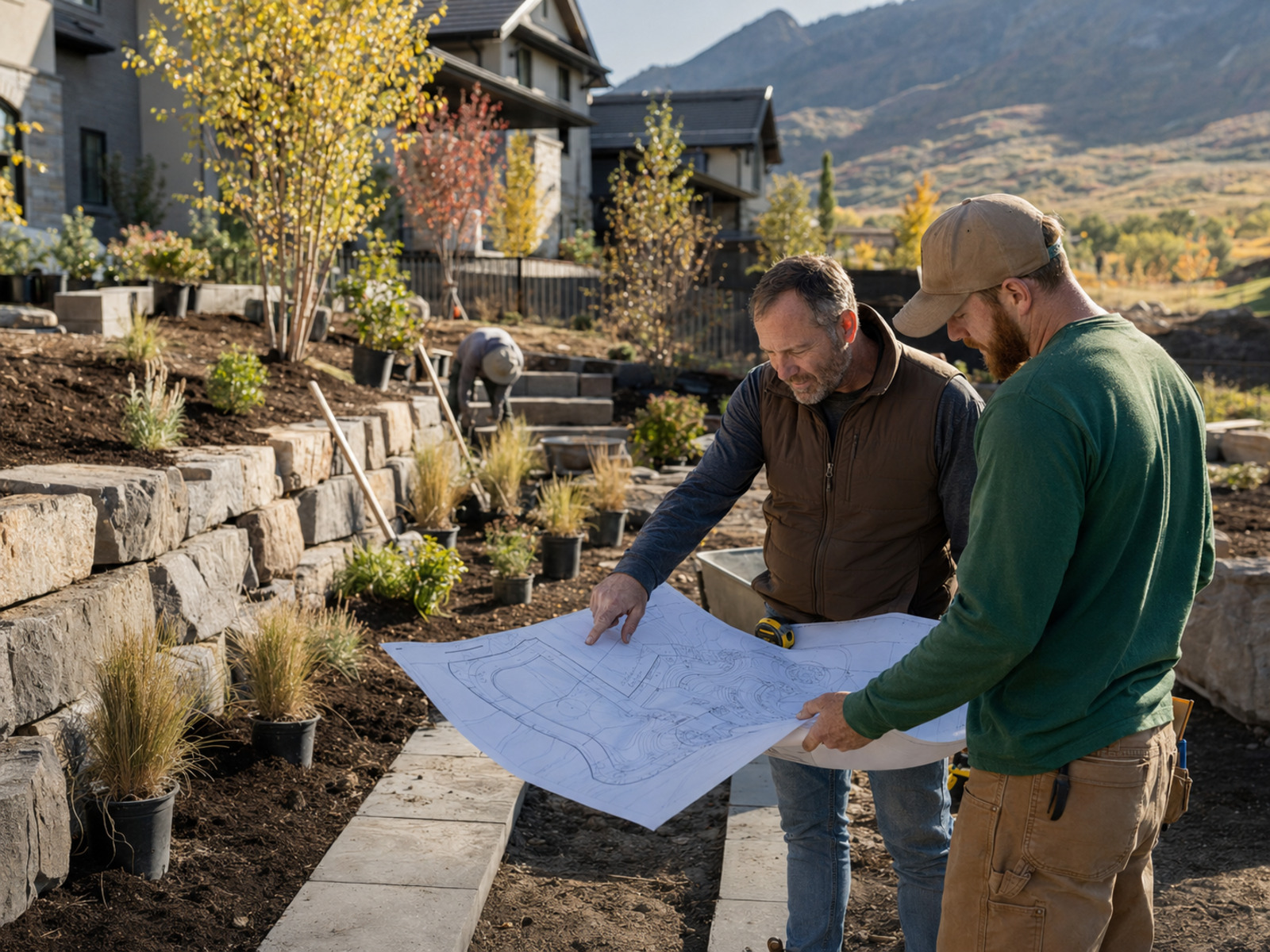 Two landscapers reviewing a landscape design plan on site in Utah.