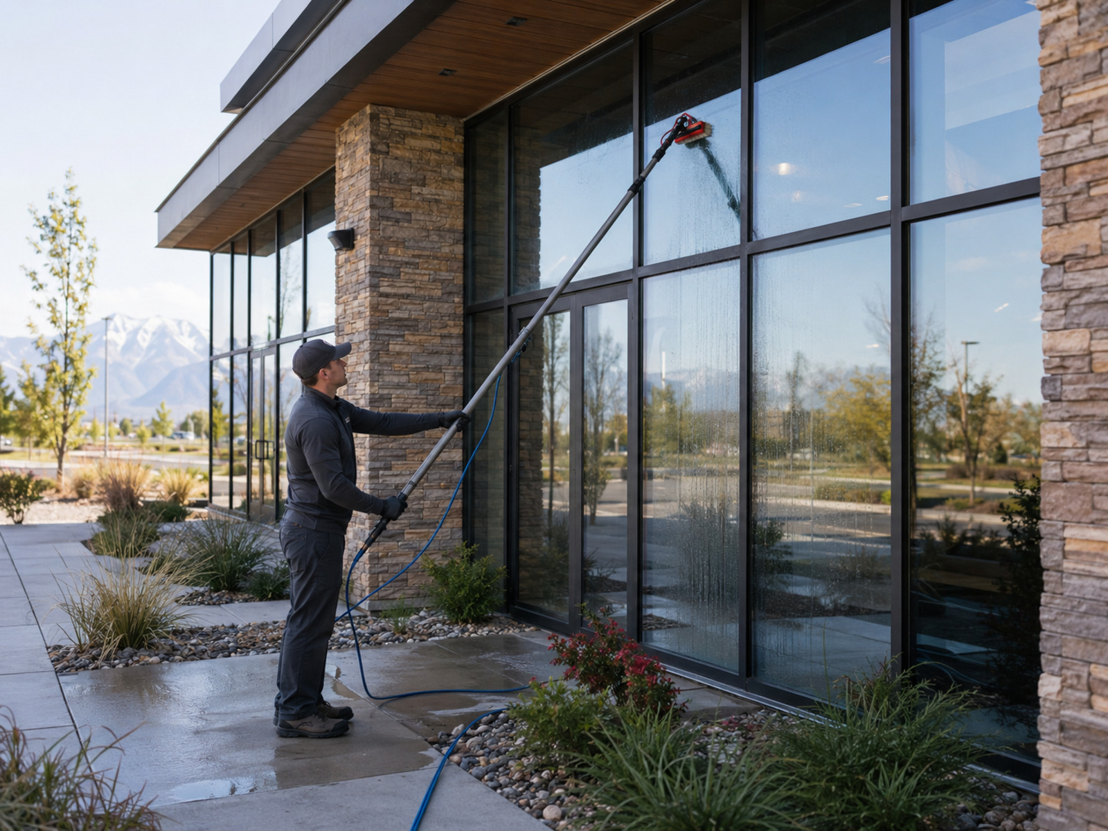 Technician cleaning tall exterior windows on a commercial building.