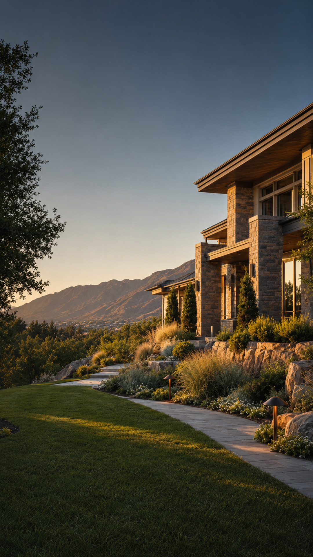 Utah landscape at sunset with stone pathway, gardens and mountain view.