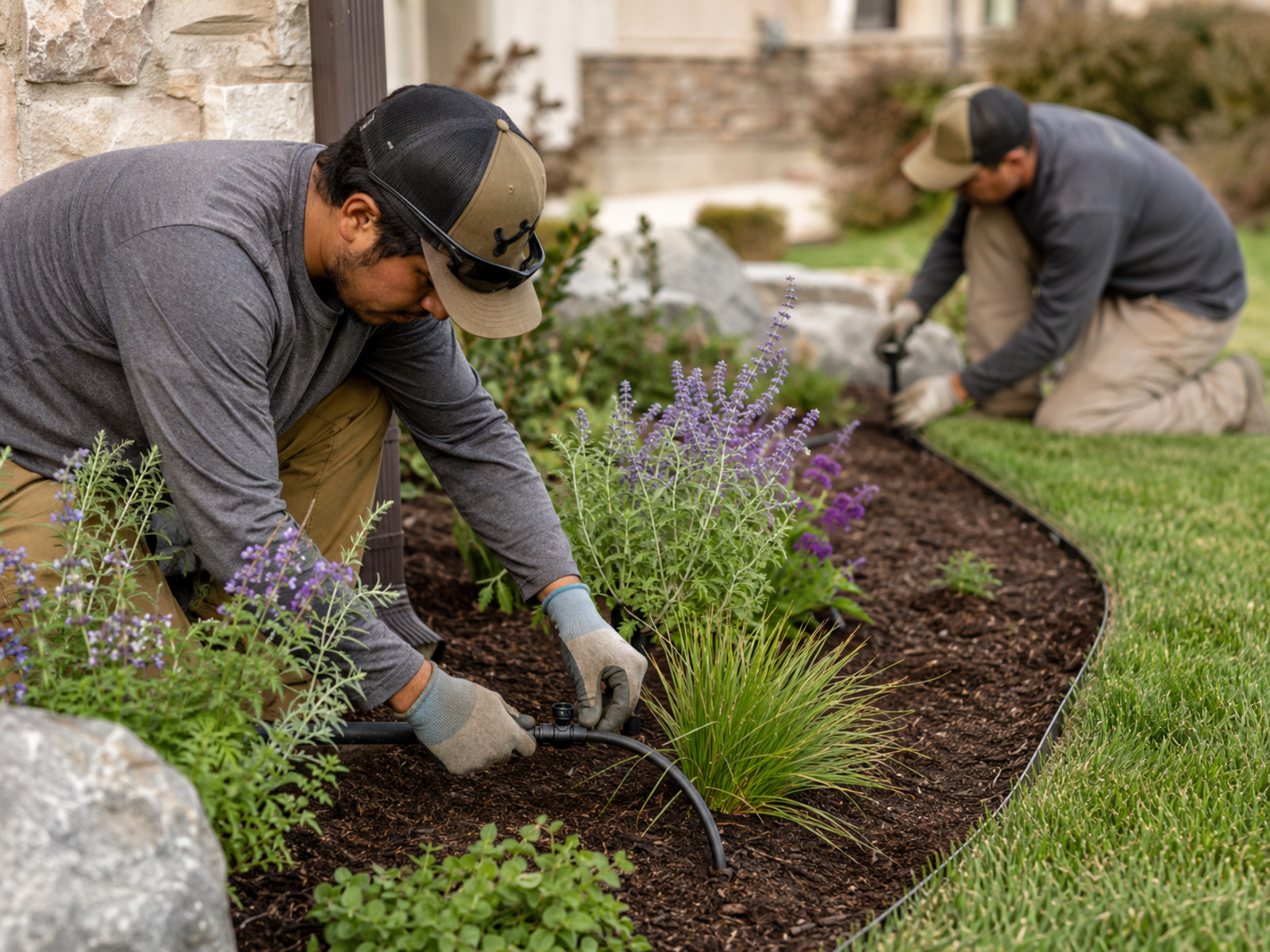 Landscaper installing drip irrigation in a mulched garden bed.